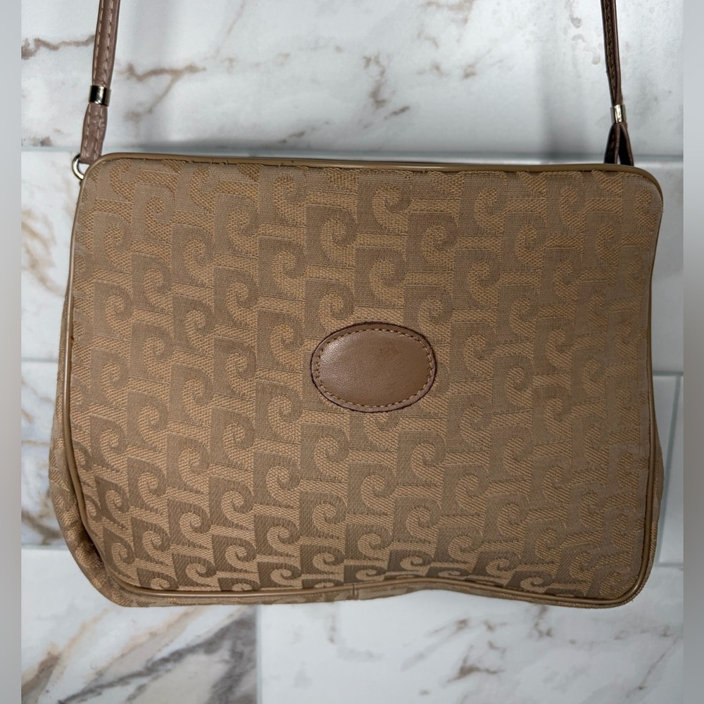 Pierre Cardin Vintage Monogram Jacquard Shoulder Bag – Logo Print & Leather Trim